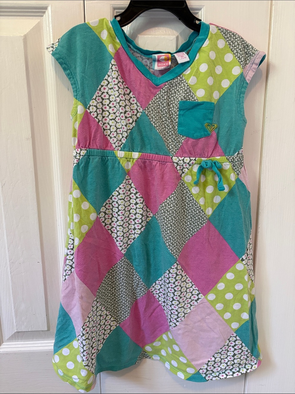 Roxy Girls Patchwork Diamond Dress - Teal Pink Lime
